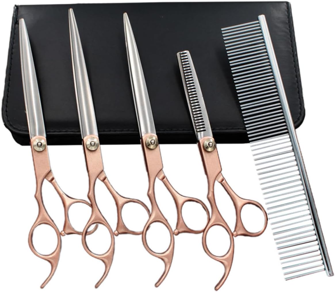 7 Inches Metallic Yellow Grooming Scissors Kit with 6pcs Stainless Steel Hairdressing Scissors Set, Ergonomic Handle, Damage Hair Resistant, Storage Bag Included for Professional