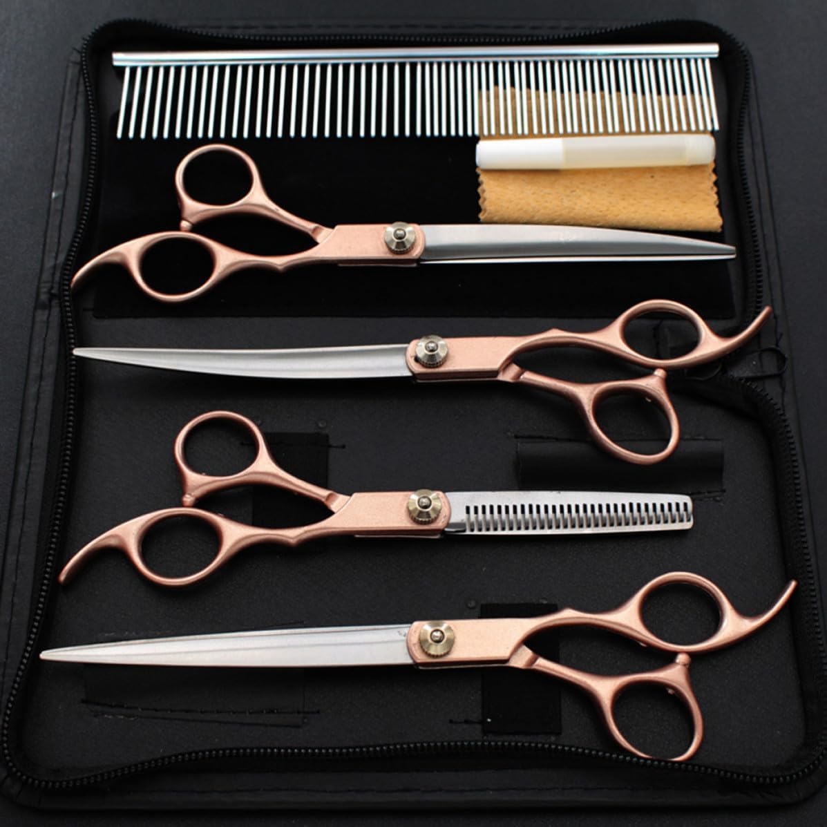7 Inches Metallic Yellow Grooming Scissors Kit with 6pcs Stainless Steel Hairdressing Scissors Set, Ergonomic Handle, Damage Hair Resistant, Storage Bag Included for Professional