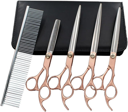 7 Inches Metallic Yellow Grooming Scissors Kit with 6pcs Stainless Steel Hairdressing Scissors Set, Ergonomic Handle, Damage Hair Resistant, Storage Bag Included for Professional