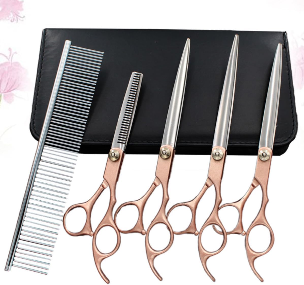 7 Inches Metallic Yellow Grooming Scissors Kit with 6pcs Stainless Steel Hairdressing Scissors Set, Ergonomic Handle, Damage Hair Resistant, Storage Bag Included for Professional