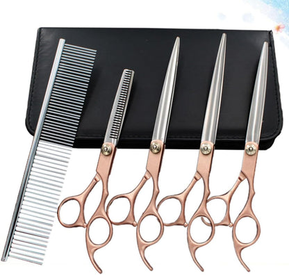 7 Inches Metallic Yellow Grooming Scissors Kit with 6pcs Stainless Steel Hairdressing Scissors Set, Ergonomic Handle, Damage Hair Resistant, Storage Bag Included for Professional