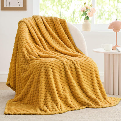 Fleece Blanket - 3D Jacquard Decorative Mustard Yellow Throw Blankets for Couch & Bed, Soft and Cozy Warm Plush Fluffy Blanket All Seasons Suitable, 50x60Inches
