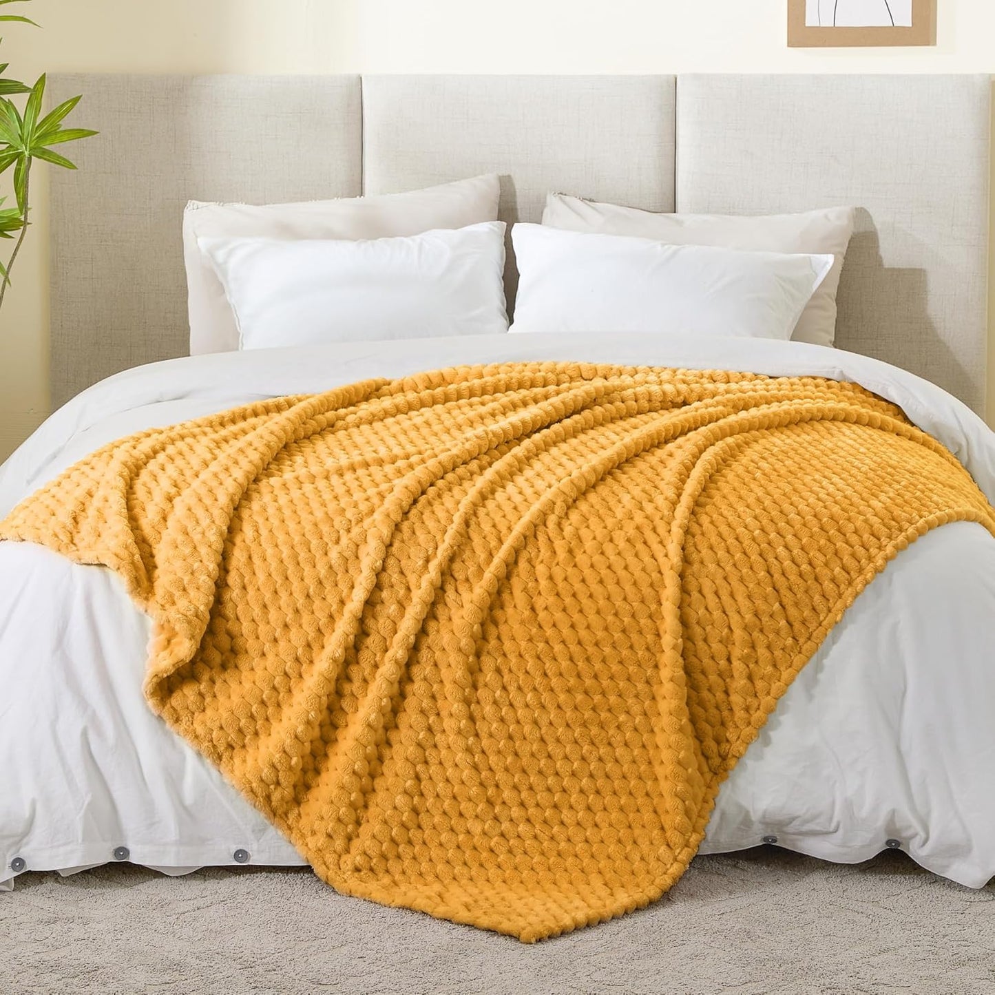 Fleece Blanket - 3D Jacquard Decorative Mustard Yellow Throw Blankets for Couch & Bed, Soft and Cozy Warm Plush Fluffy Blanket All Seasons Suitable, 50x60Inches