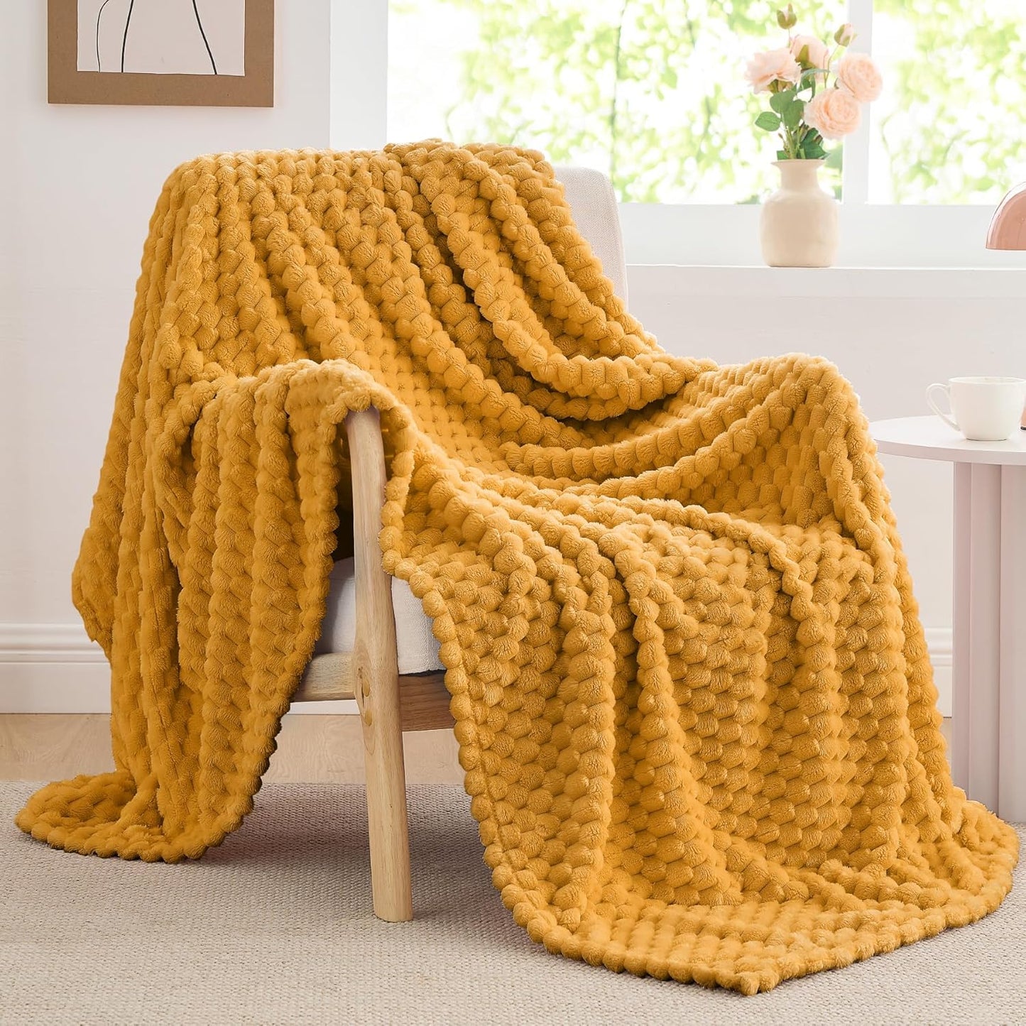 Fleece Blanket - 3D Jacquard Decorative Mustard Yellow Throw Blankets for Couch & Bed, Soft and Cozy Warm Plush Fluffy Blanket All Seasons Suitable, 50x60Inches