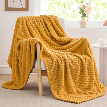 Fleece Blanket - 3D Jacquard Decorative Mustard Yellow Throw Blankets for Couch & Bed, Soft and Cozy Warm Plush Fluffy Blanket All Seasons Suitable, 50x60Inches