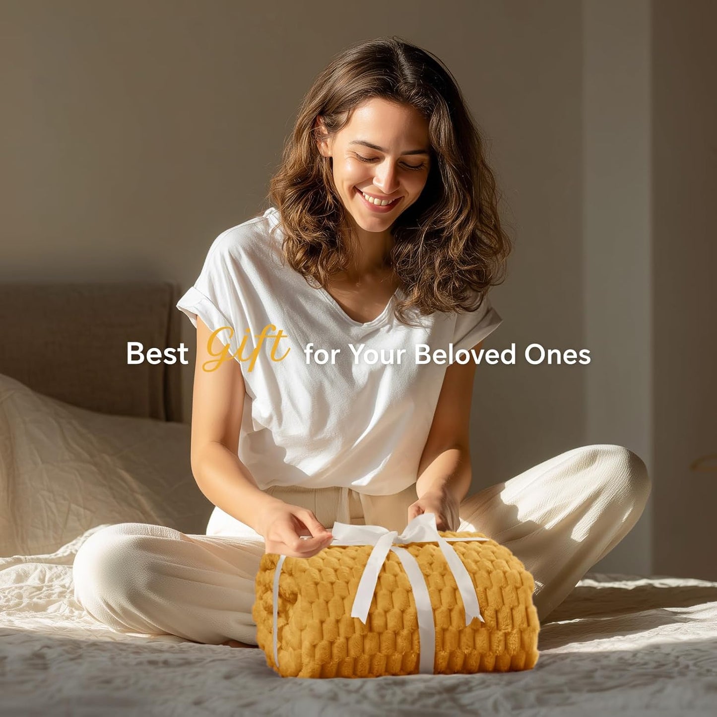 Fleece Blanket - 3D Jacquard Decorative Mustard Yellow Throw Blankets for Couch & Bed, Soft and Cozy Warm Plush Fluffy Blanket All Seasons Suitable, 50x60Inches