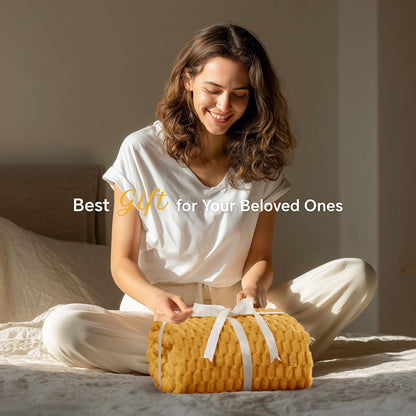 Fleece Blanket - 3D Jacquard Decorative Mustard Yellow Throw Blankets for Couch & Bed, Soft and Cozy Warm Plush Fluffy Blanket All Seasons Suitable, 50x60Inches
