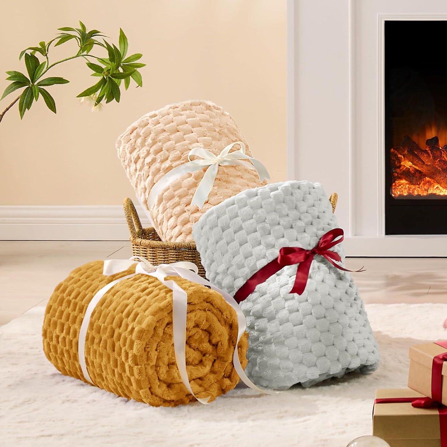 Fleece Blanket - 3D Jacquard Decorative Mustard Yellow Throw Blankets for Couch & Bed, Soft and Cozy Warm Plush Fluffy Blanket All Seasons Suitable, 50x60Inches