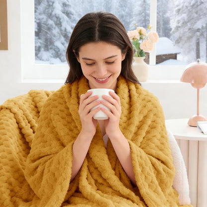 Fleece Blanket - 3D Jacquard Decorative Mustard Yellow Throw Blankets for Couch & Bed, Soft and Cozy Warm Plush Fluffy Blanket All Seasons Suitable, 50x60Inches