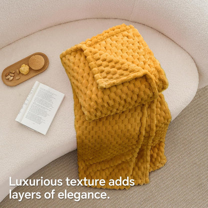 Fleece Blanket - 3D Jacquard Decorative Mustard Yellow Throw Blankets for Couch & Bed, Soft and Cozy Warm Plush Fluffy Blanket All Seasons Suitable, 50x60Inches