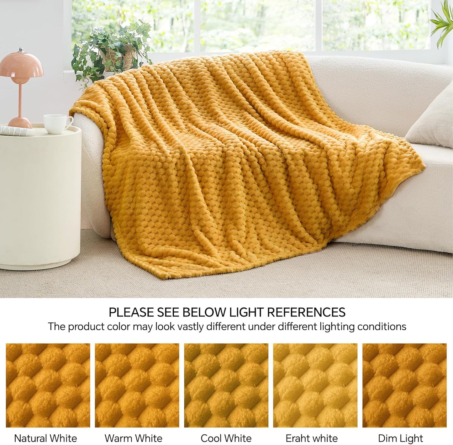 Fleece Blanket - 3D Jacquard Decorative Mustard Yellow Throw Blankets for Couch & Bed, Soft and Cozy Warm Plush Fluffy Blanket All Seasons Suitable, 50x60Inches