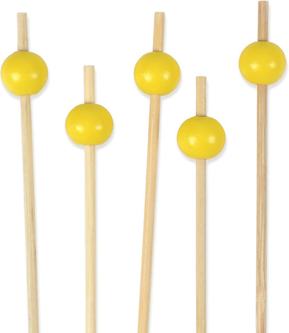 Decorative Ball End Cocktail Fruit Sandwich Picks Skewers for Catered Events, Holiday's, Restaurants or Buffets Party Supplies - 4.7" Bright Yellow, 100 pcs