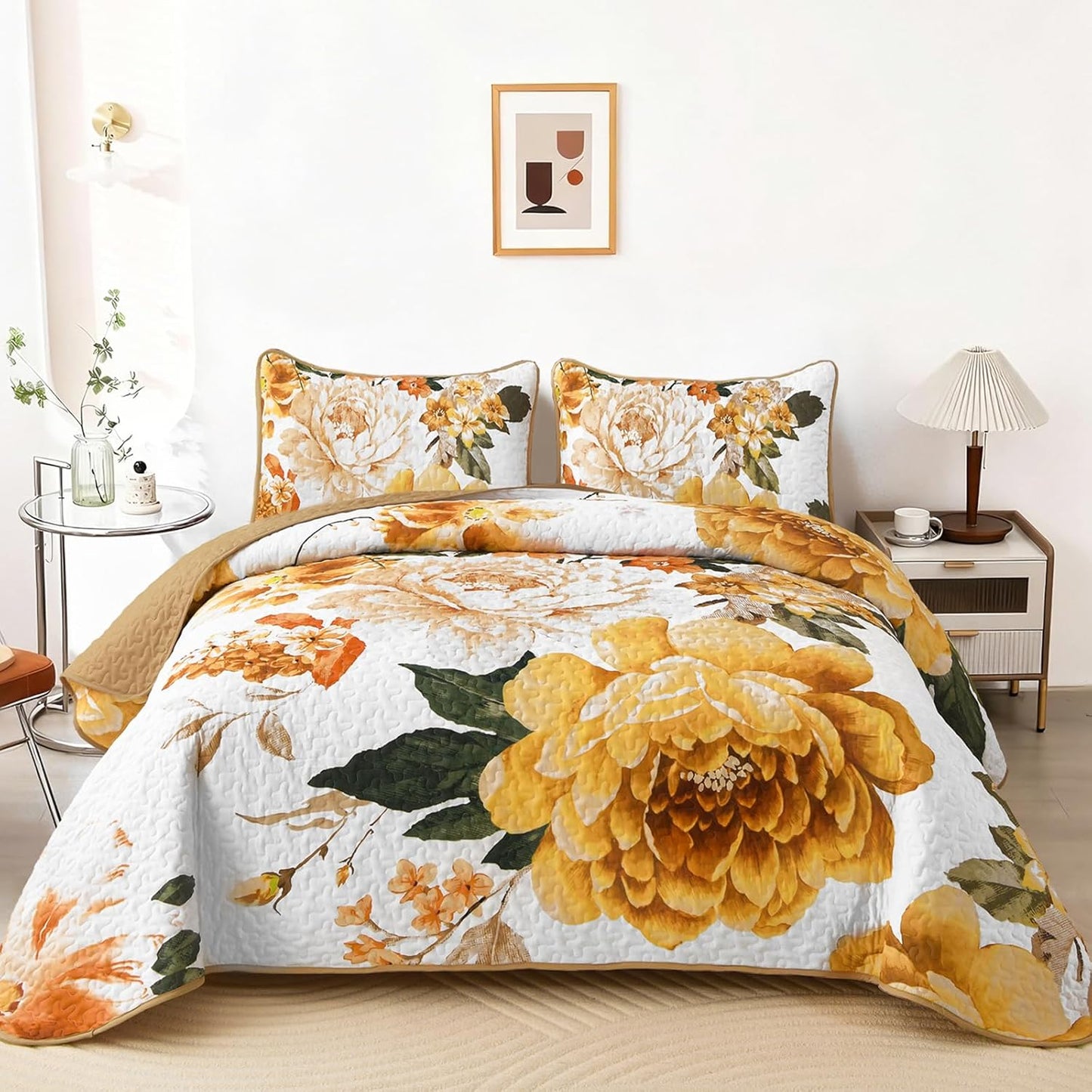 Floral Quilt Set Yellow Queen,Quilted Printed Lightweight Bedspread Bedding Set for All Season,3 Pieces Reversible Botanical Plant Coverlet Set with 2 Pillow Shams
