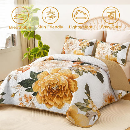 Floral Quilt Set Yellow Queen,Quilted Printed Lightweight Bedspread Bedding Set for All Season,3 Pieces Reversible Botanical Plant Coverlet Set with 2 Pillow Shams
