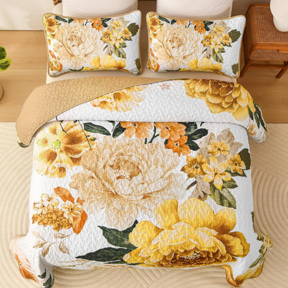 Floral Quilt Set Yellow Queen,Quilted Printed Lightweight Bedspread Bedding Set for All Season,3 Pieces Reversible Botanical Plant Coverlet Set with 2 Pillow Shams