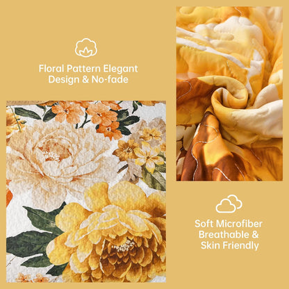 Floral Quilt Set Yellow Queen,Quilted Printed Lightweight Bedspread Bedding Set for All Season,3 Pieces Reversible Botanical Plant Coverlet Set with 2 Pillow Shams