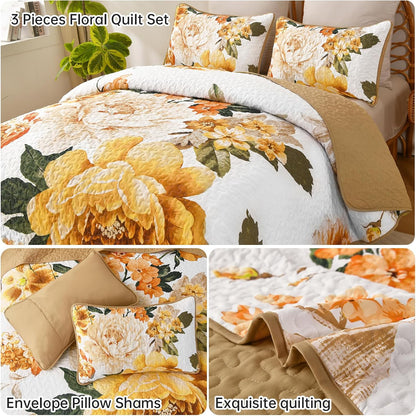 Floral Quilt Set Yellow Queen,Quilted Printed Lightweight Bedspread Bedding Set for All Season,3 Pieces Reversible Botanical Plant Coverlet Set with 2 Pillow Shams