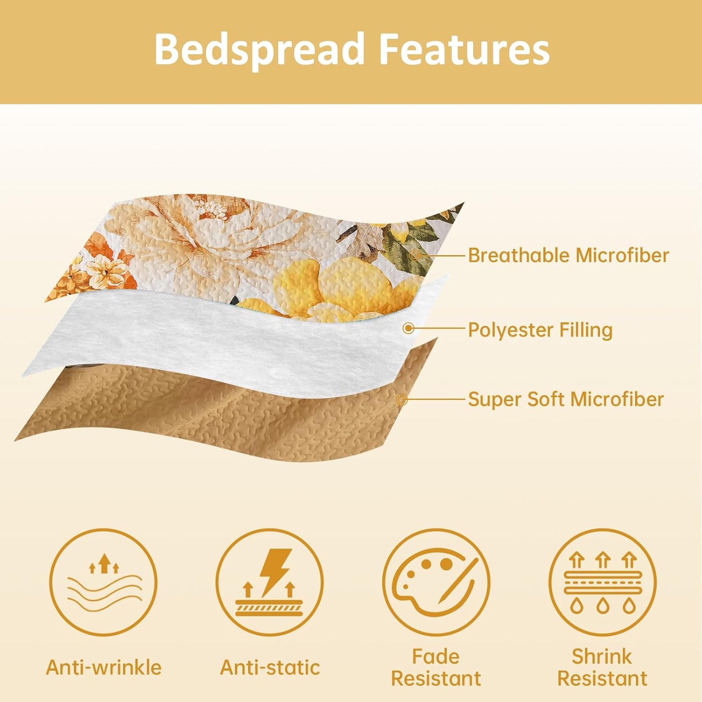 Floral Quilt Set Yellow Queen,Quilted Printed Lightweight Bedspread Bedding Set for All Season,3 Pieces Reversible Botanical Plant Coverlet Set with 2 Pillow Shams