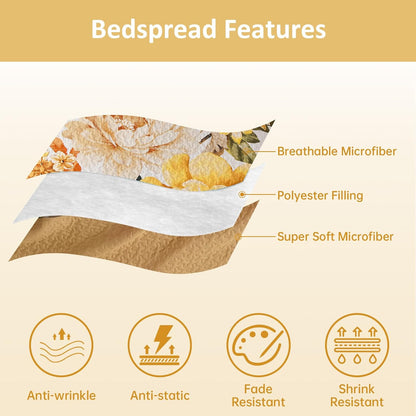 Floral Quilt Set Yellow Queen,Quilted Printed Lightweight Bedspread Bedding Set for All Season,3 Pieces Reversible Botanical Plant Coverlet Set with 2 Pillow Shams