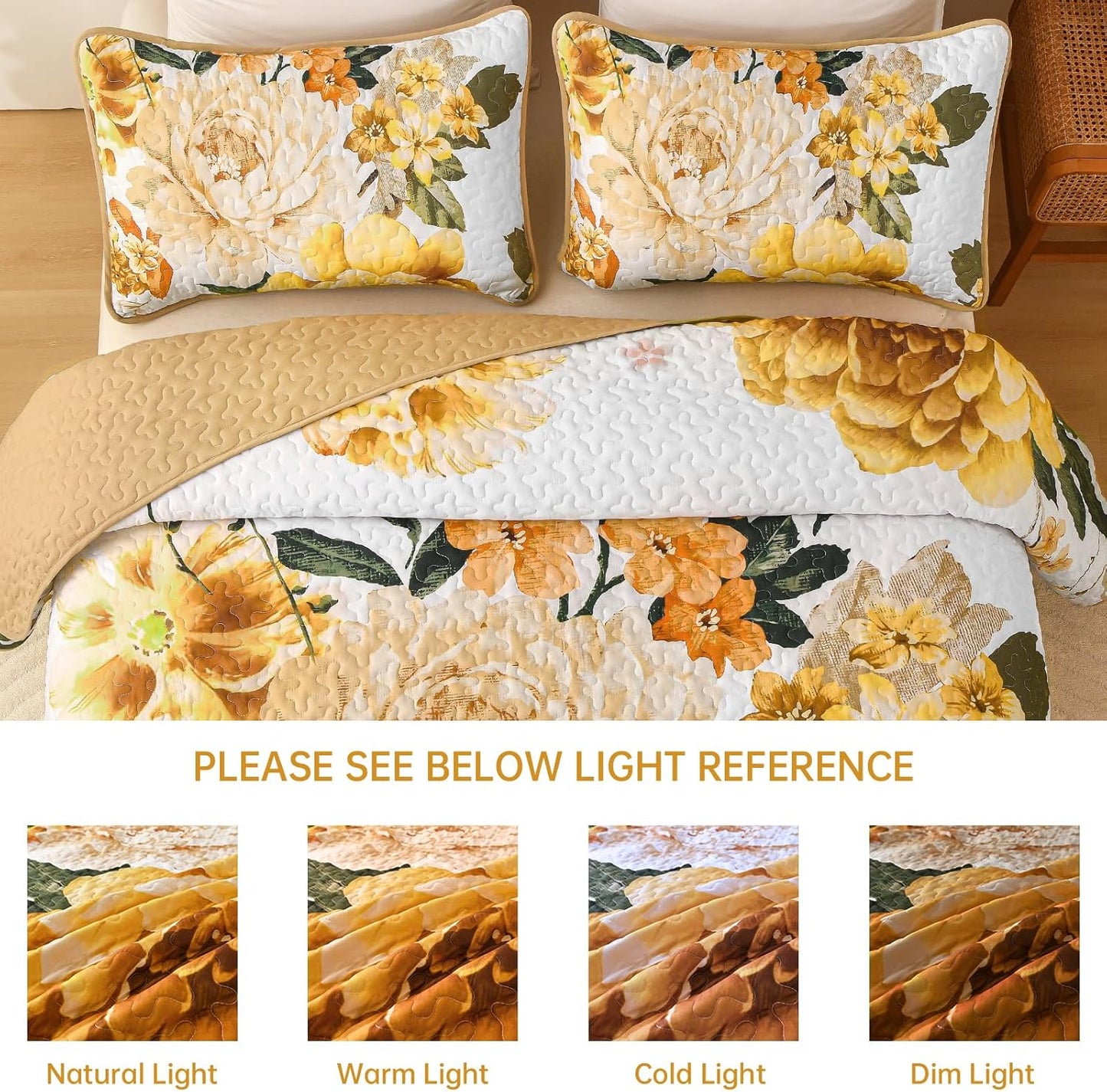 Floral Quilt Set Yellow Queen,Quilted Printed Lightweight Bedspread Bedding Set for All Season,3 Pieces Reversible Botanical Plant Coverlet Set with 2 Pillow Shams