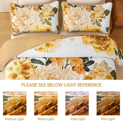 Floral Quilt Set Yellow Queen,Quilted Printed Lightweight Bedspread Bedding Set for All Season,3 Pieces Reversible Botanical Plant Coverlet Set with 2 Pillow Shams