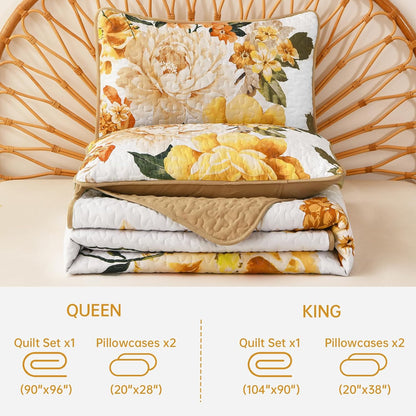 Floral Quilt Set Yellow Queen,Quilted Printed Lightweight Bedspread Bedding Set for All Season,3 Pieces Reversible Botanical Plant Coverlet Set with 2 Pillow Shams