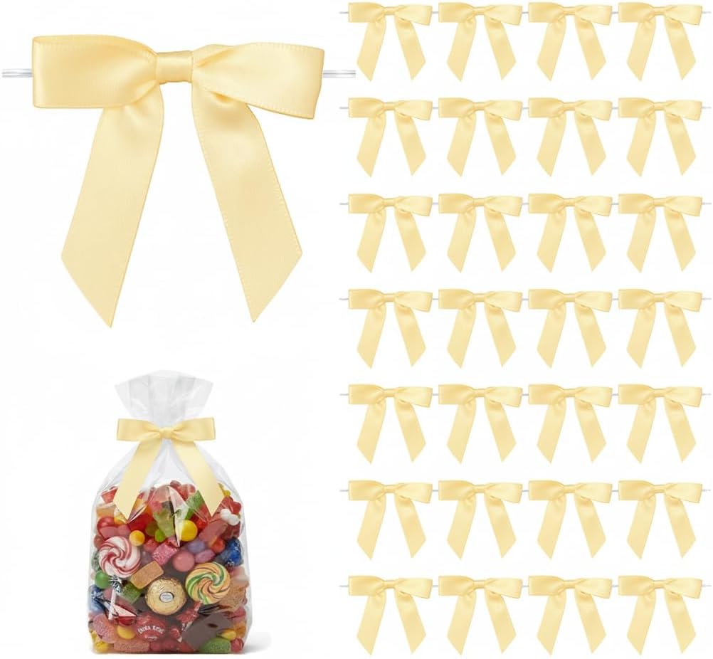 50 Pack Satin Twist Tie Bows, 2.75 Inch Pre-Tied Mini Ribbon Bows for Gift Bags, Treat Bags, Party Favor Bags and Small Gift Packaging (Yellow)