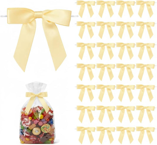 50 Pack Satin Twist Tie Bows, 2.75 Inch Pre-Tied Mini Ribbon Bows for Gift Bags, Treat Bags, Party Favor Bags and Small Gift Packaging (Yellow)