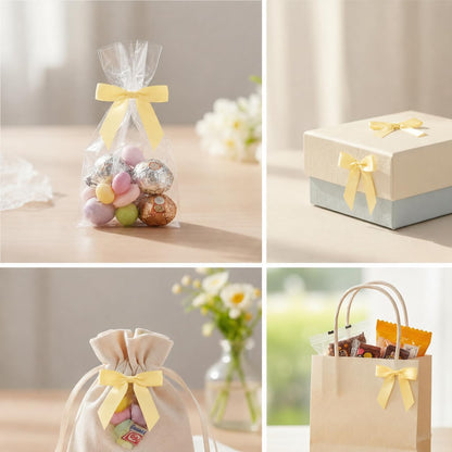 50 Pack Satin Twist Tie Bows, 2.75 Inch Pre-Tied Mini Ribbon Bows for Gift Bags, Treat Bags, Party Favor Bags and Small Gift Packaging (Yellow)
