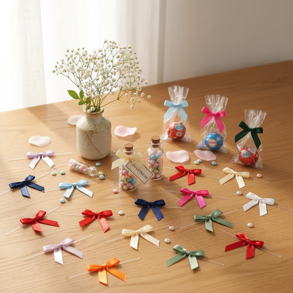 50 Pack Satin Twist Tie Bows, 2.75 Inch Pre-Tied Mini Ribbon Bows for Gift Bags, Treat Bags, Party Favor Bags and Small Gift Packaging (Yellow)