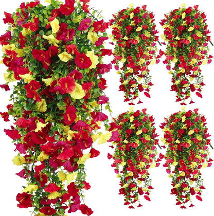 4-Pack Fake Hanging Plants, Faux Hanging Plant Artificial Greenery for Living Room Bedroom Boho Wall Shelf Indoor Outdoor Decor (Purple Pink Yellow Red Morning Glory)
