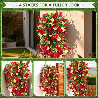 4-Pack Fake Hanging Plants, Faux Hanging Plant Artificial Greenery for Living Room Bedroom Boho Wall Shelf Indoor Outdoor Decor (Purple Pink Yellow Red Morning Glory)