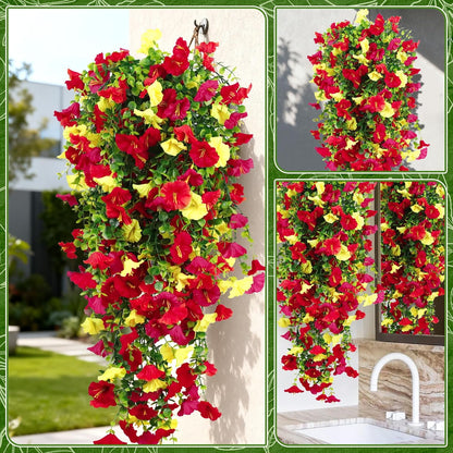 4-Pack Fake Hanging Plants, Faux Hanging Plant Artificial Greenery for Living Room Bedroom Boho Wall Shelf Indoor Outdoor Decor (Purple Pink Yellow Red Morning Glory)
