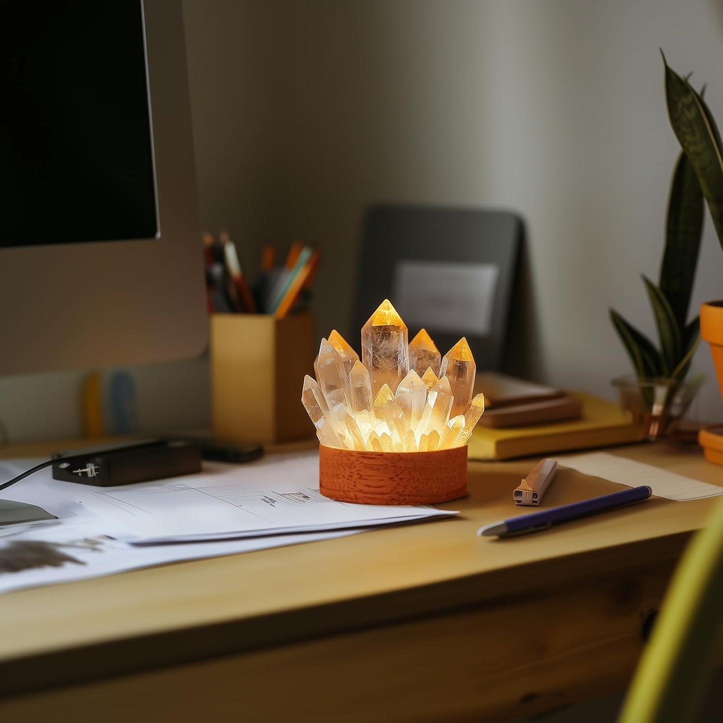 Citrine Crystal Night Light - Natural Healing Crystal Bedside Lamp Soft Warm LED Light USB Powered Home Decor Yellow Night Light for Bedroom, Living Room Ideal Gift for Women & Men (Warm Yellow)