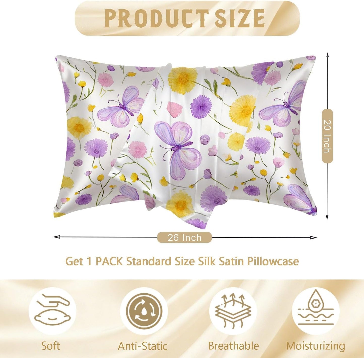 Satin Pillowcase with Zipper for Hair and Skin Yellow Purple Floral and Butterfly 1 Pack Soft Silk Pillow Case Standard Size Wrinkle-Free Smooth and Cooling Satin Pillow Cover 20”x26”