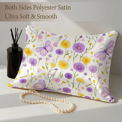 Satin Pillowcase with Zipper for Hair and Skin Yellow Purple Floral and Butterfly 1 Pack Soft Silk Pillow Case Standard Size Wrinkle-Free Smooth and Cooling Satin Pillow Cover 20”x26”