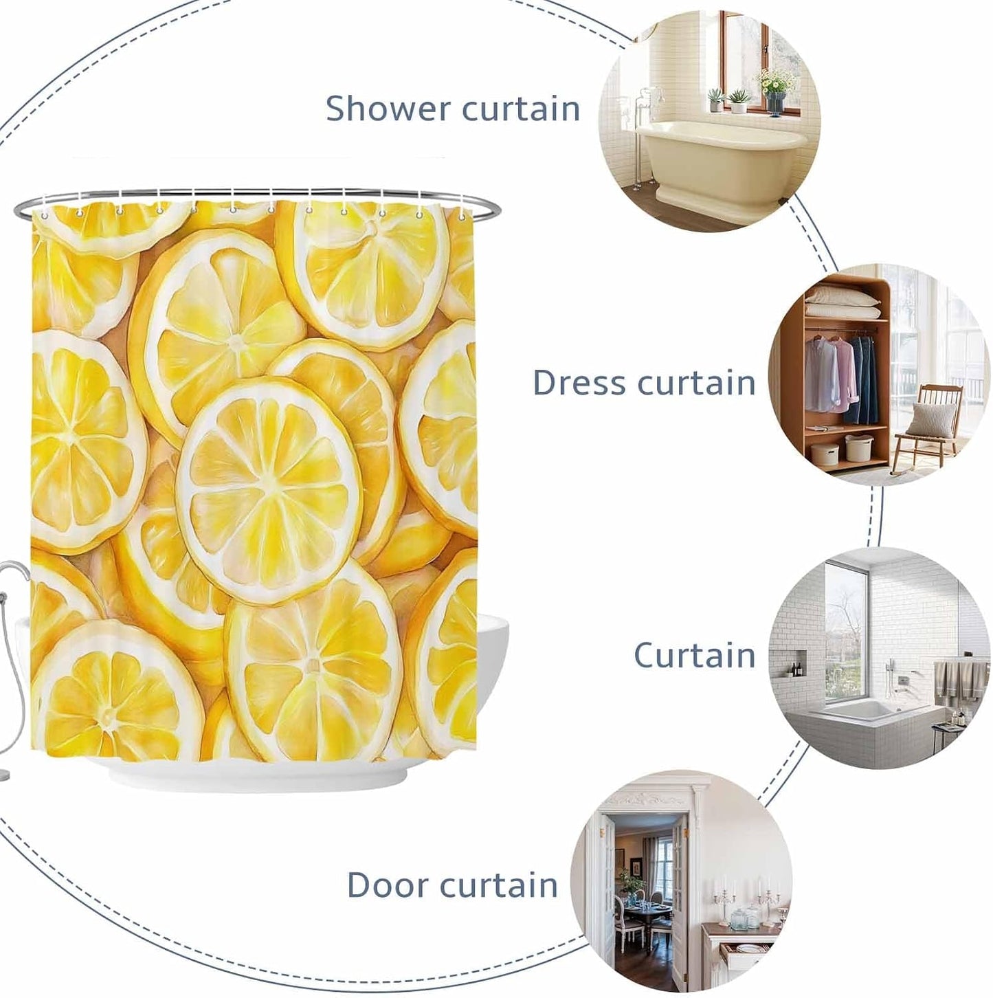 Shower Curtain Summer Lemon Waterproof Polyester Bathroom Curtain Yellow Theme Fabric Decorative Bath Curtain for Bathroom Decor, Hooks Included 48 x 72 in