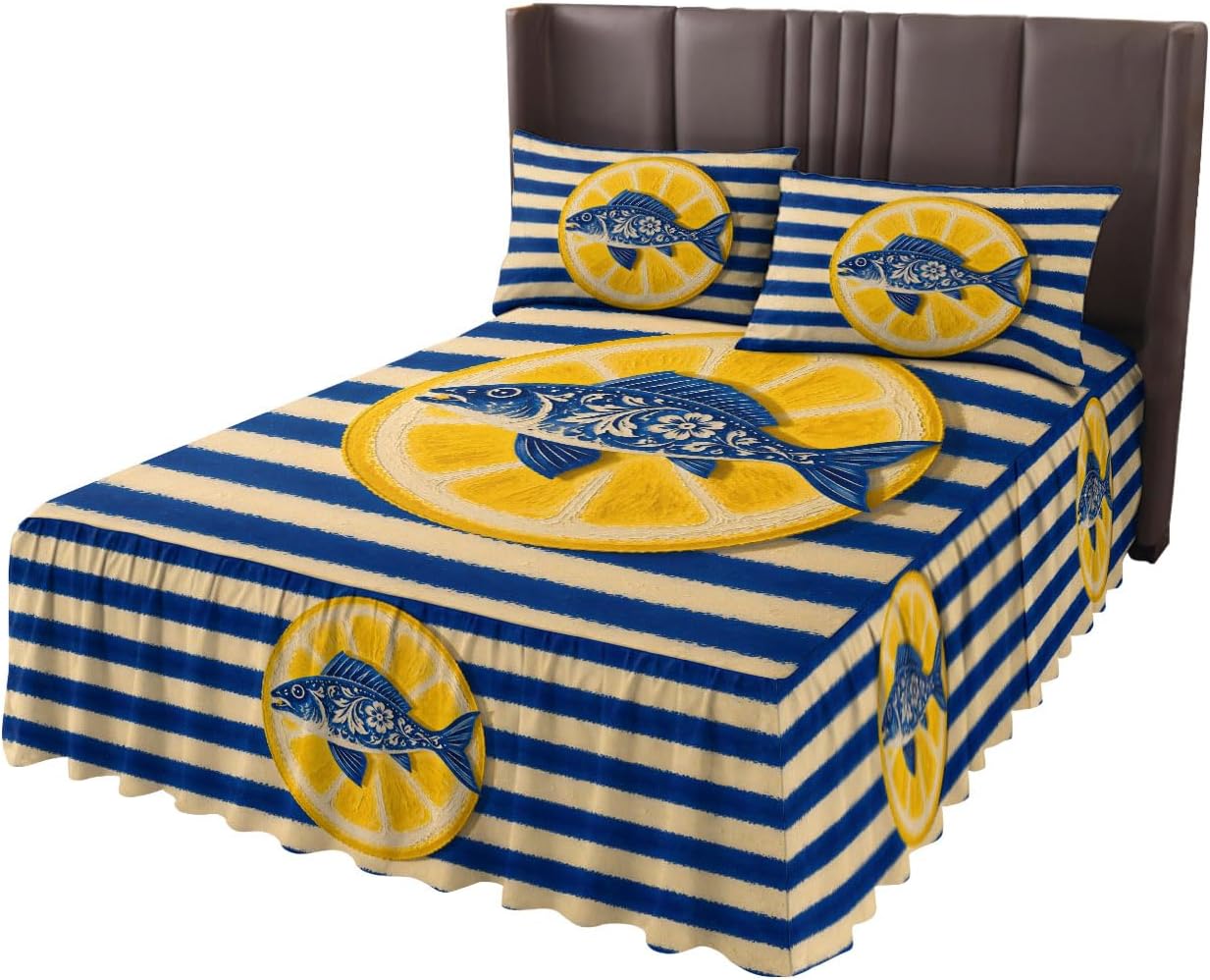 Ruffle Bed Skirt Full, Blue Fish Yellow Lemon Soft Microfiber Fitted Bedding Sheet Bedskirt 18 Inch Drop, Blue White Striped Elastic Wrap Around Bed Skirt Pillowcases Set