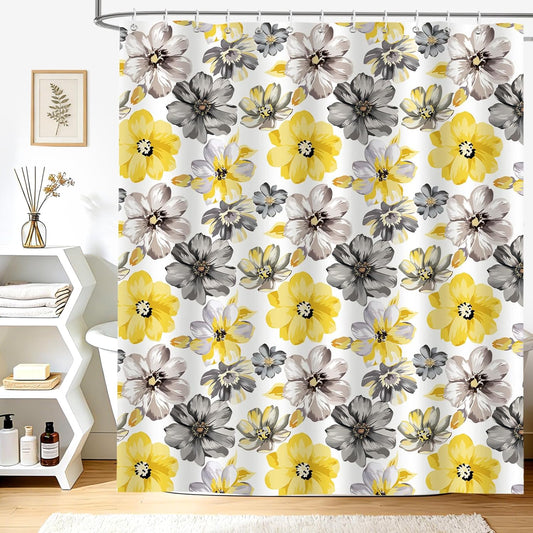Spring Farmhouse Floral Long Shower Curtain Yellow Gray Watercolor Flower Shower Curtains for Bathroom Decor Bathtub Light Weight Washable Waterproof Fabric with 12 Hooks 72 X 72 Inch