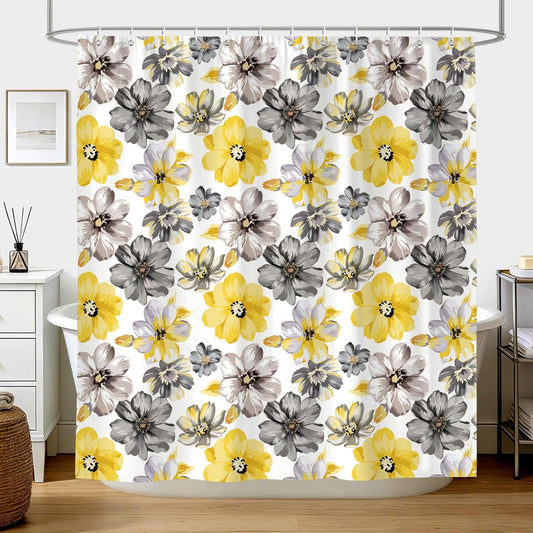 Spring Farmhouse Floral Long Shower Curtain Yellow Gray Watercolor Flower Shower Curtains for Bathroom Decor Bathtub Light Weight Washable Waterproof Fabric with 12 Hooks 72 X 72 Inch