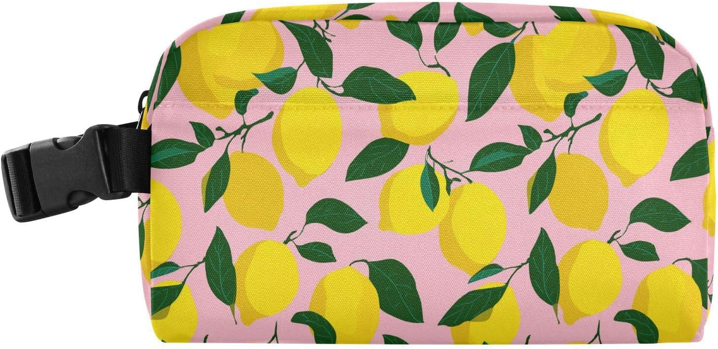 Light Pink Bg Yellow Lemon Lunch Bag Small Insulated Cooler Bag Mini Lunch Box with Zipper Pocket&Buckle, Portable Freezable Snack Pouch Meal Tote Bags with Handle for Work/Travel/School