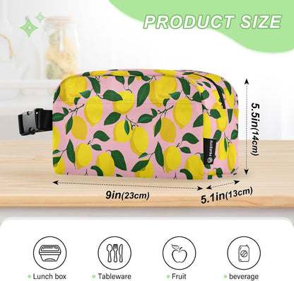 Light Pink Bg Yellow Lemon Lunch Bag Small Insulated Cooler Bag Mini Lunch Box with Zipper Pocket&Buckle, Portable Freezable Snack Pouch Meal Tote Bags with Handle for Work/Travel/School
