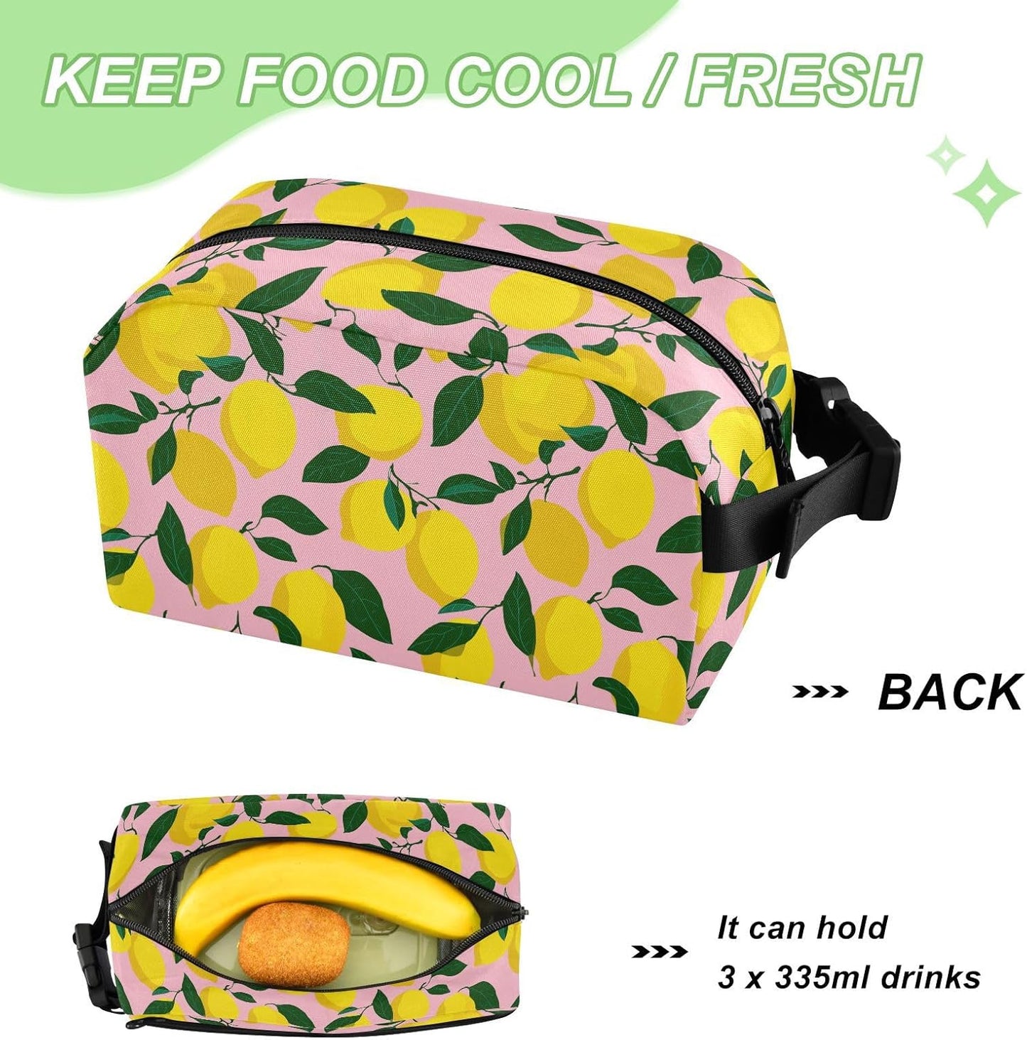 Light Pink Bg Yellow Lemon Lunch Bag Small Insulated Cooler Bag Mini Lunch Box with Zipper Pocket&Buckle, Portable Freezable Snack Pouch Meal Tote Bags with Handle for Work/Travel/School