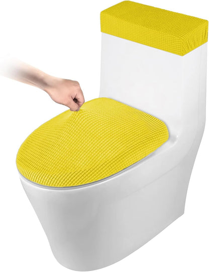 Toilet Lid Cover and Toilet Tank Cover Stretch Toilet Covers Set for Bathroom, Polyester Spandex Jacquard Fabric, Machine Washable, with Elastic Bottom, Yellow