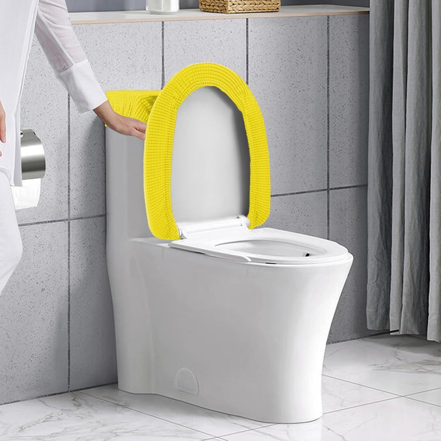 Toilet Lid Cover and Toilet Tank Cover Stretch Toilet Covers Set for Bathroom, Polyester Spandex Jacquard Fabric, Machine Washable, with Elastic Bottom, Yellow