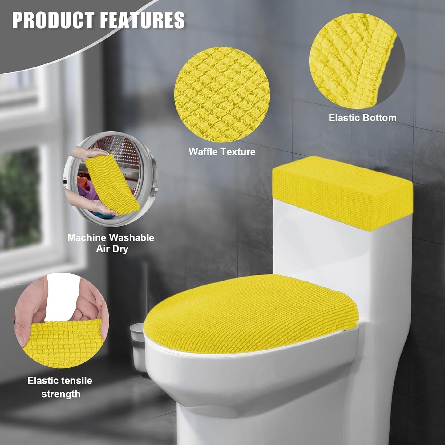Toilet Lid Cover and Toilet Tank Cover Stretch Toilet Covers Set for Bathroom, Polyester Spandex Jacquard Fabric, Machine Washable, with Elastic Bottom, Yellow
