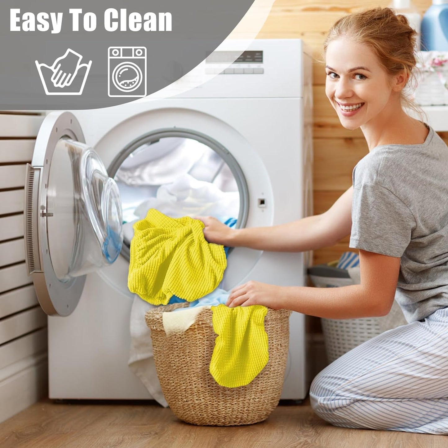 Toilet Lid Cover and Toilet Tank Cover Stretch Toilet Covers Set for Bathroom, Polyester Spandex Jacquard Fabric, Machine Washable, with Elastic Bottom, Yellow