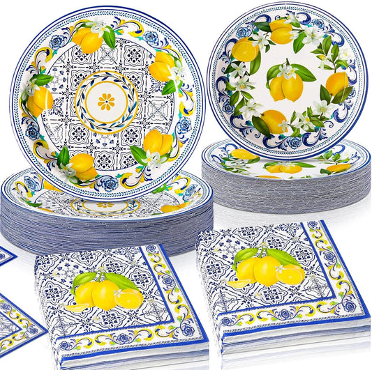 180 Pcs Party Plates and Napkins 7'' and 9'' Paper Disposable Plates and Napkins Mexican Summer Beach Party Supplies Decorations Tableware Set Serve 60(Vintage Lemon,Blue and Yellow)