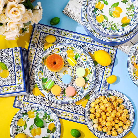 180 Pcs Party Plates and Napkins 7'' and 9'' Paper Disposable Plates and Napkins Mexican Summer Beach Party Supplies Decorations Tableware Set Serve 60(Vintage Lemon,Blue and Yellow)