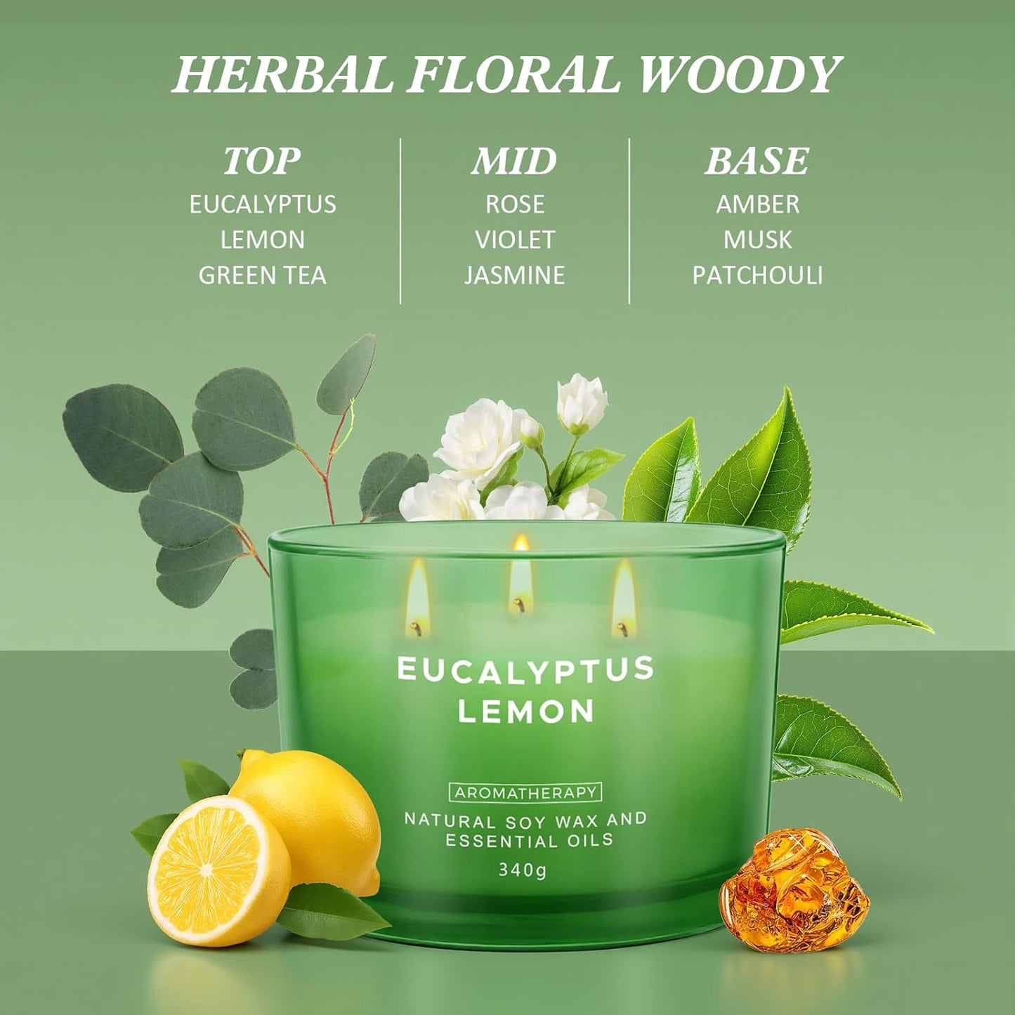 Eucalyptus Lemon Candles for Home Scented, 12oz Large Scented Candles for Women Men, Natural Soy Aromatherapy Candle, 70 Hours Long Burning Amber Jar Candle Gifts for Mom, Dad, Her, Wife